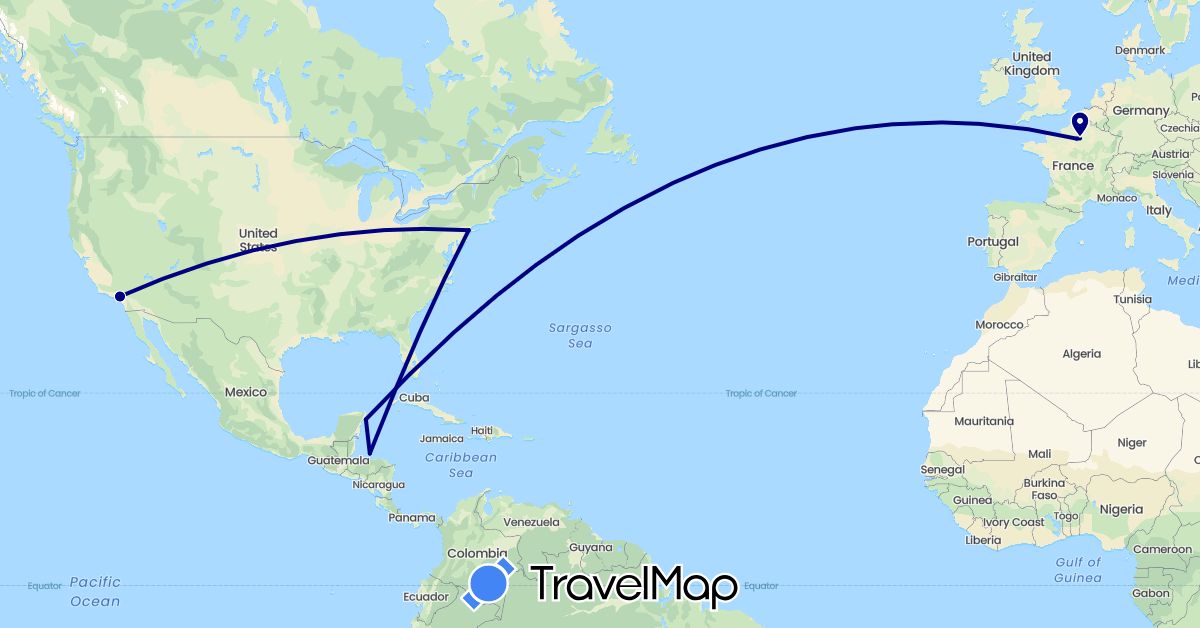 TravelMap itinerary: driving in France, Honduras, Mexico, United States (Europe, North America)